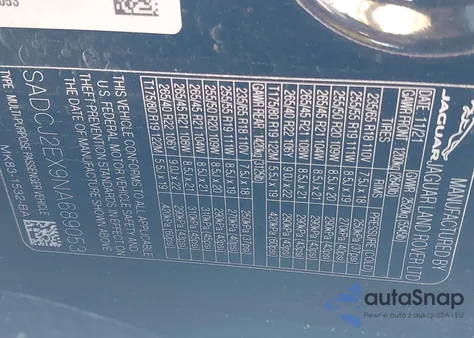 2022 Jaguar F-Pace S P250 Awd Automatic z USA, uszkodzony, nr VIN SADCJ2EX9NA689053